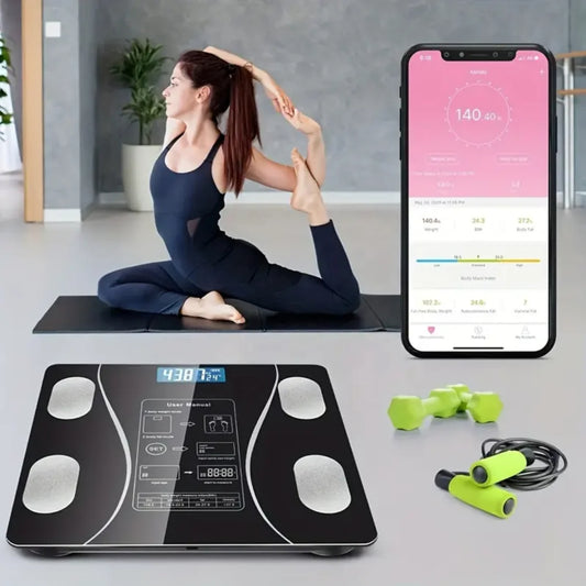 Balance Connectée Intelligente – Analyse de Masse Grasse, IMC ,Hydratation etc – Design Carré, Verre Trempé, 200 kg Max